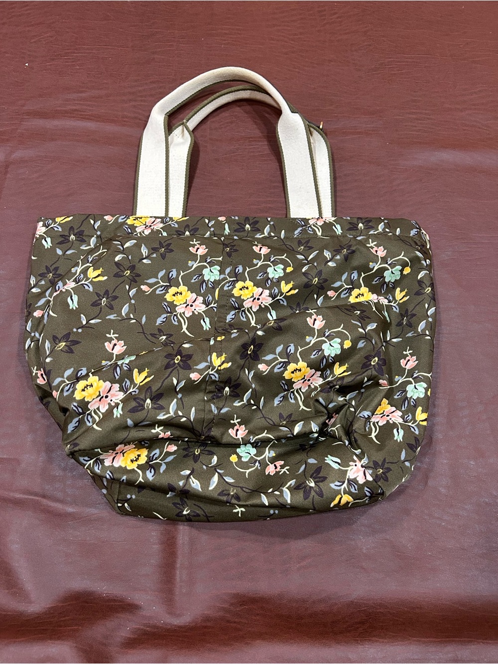 Tory Burch Brown, Yellow and Pink Floral Tote with Cream Handles - Picture 3 of 5